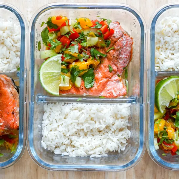 Pan-Seared Salmon with Spicy Mango Salsa and Coconut Rice