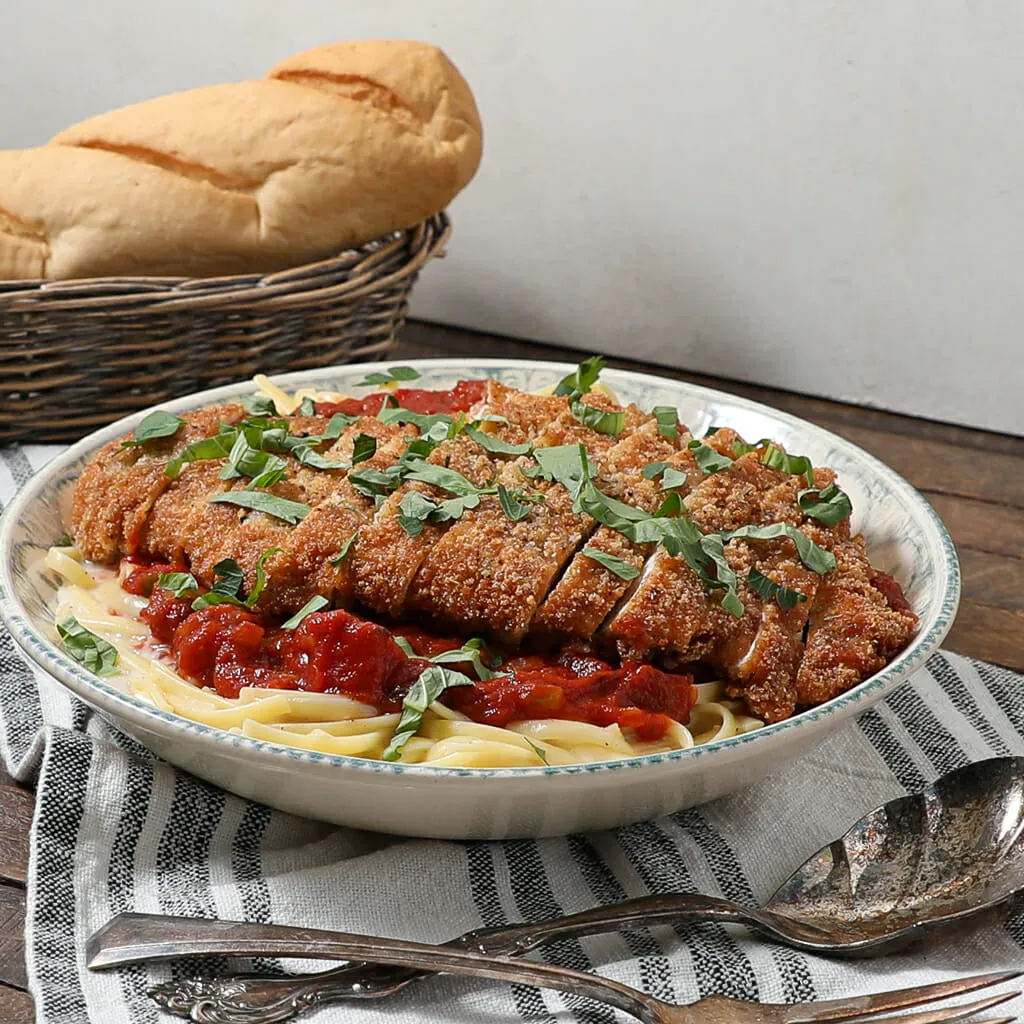 Gluten Free Chicken Parmesan and Dairy Free Fettuccini Alfredo
