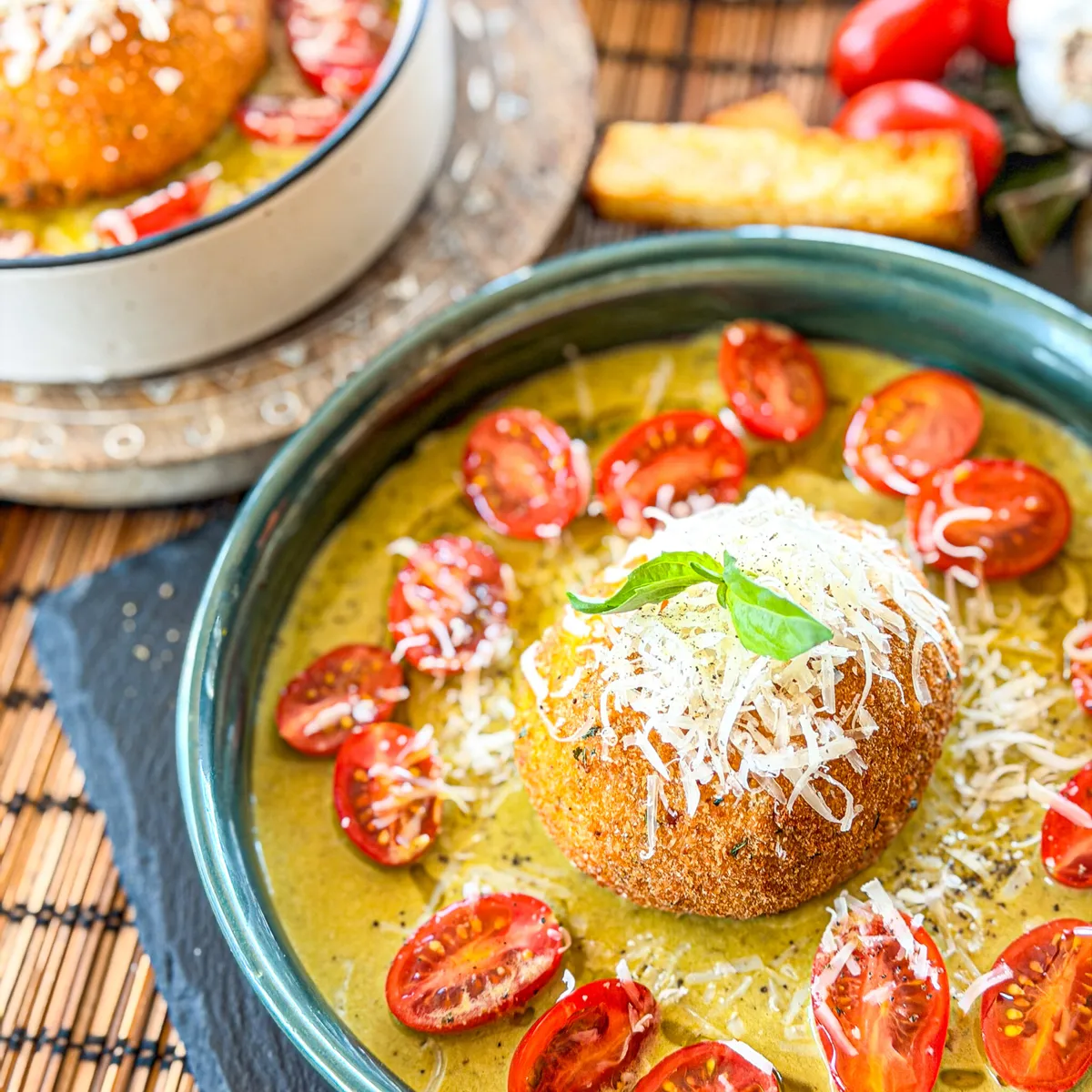 Crispy Fried Burrata with Creamy Pesto & Tomatoes