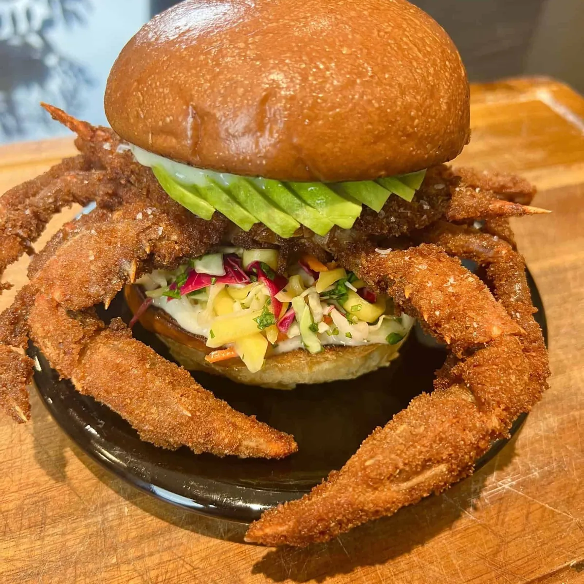 The BEST fried soft shell crab sandwich with mango slaw and yuzu mayo