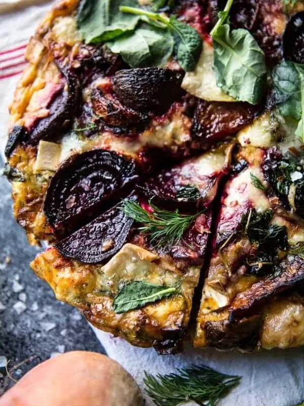 Roasted Beet, Baby Kale and Brie Quiche.