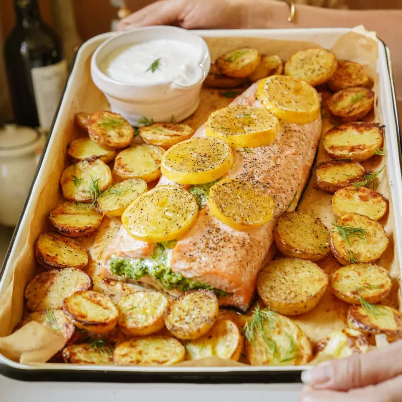 Shrimp, Feta + Spinach Stuffed Salmon