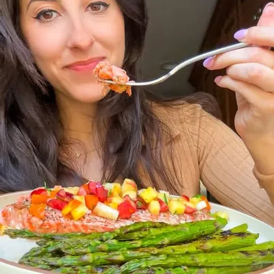 Recipe 'Grilled Sustainable Wild-Caught Sockeye Salmon Filet with a Summer Stone Fruit Salad and Grilled Asparagus'