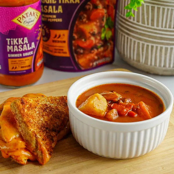 Tikka Masala Grilled Cheese with Lentil & Veggie Soup
