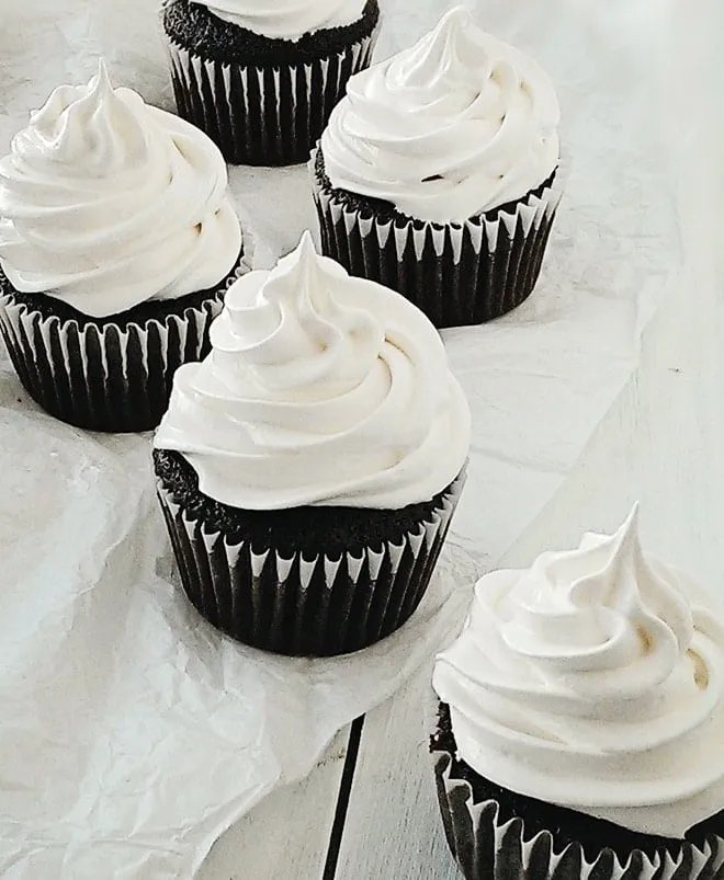 Chocolate Cupcakes with Caramel Filling and Marshmallow Frosting