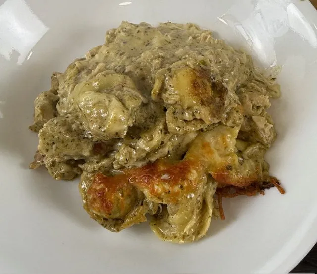 Creamy Chicken Tortellini Pesto Bake