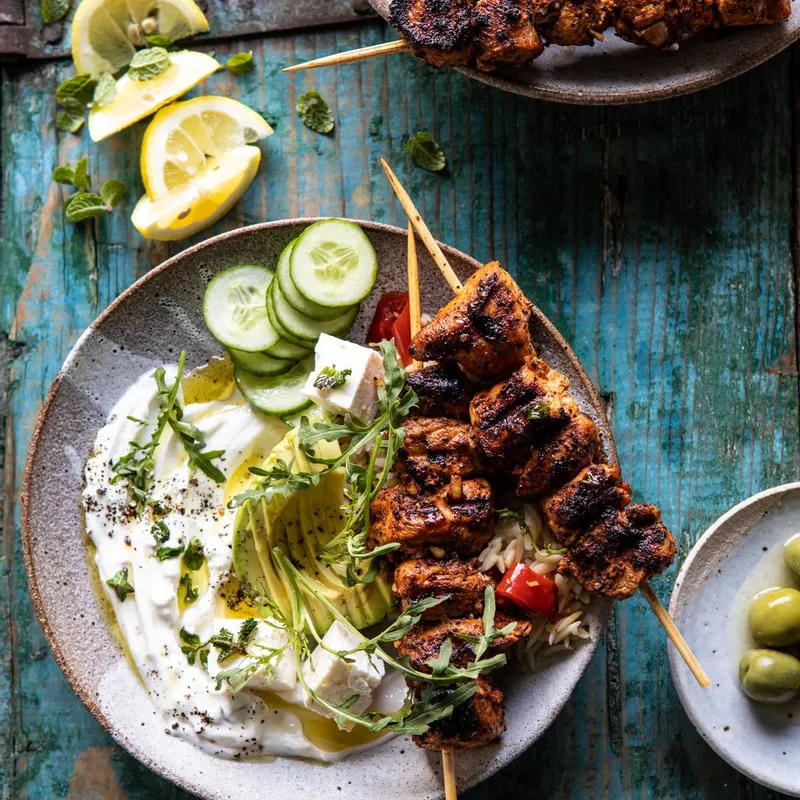 Greek Lemon Chicken Bowls with Sizzled Mint Goddess Sauce