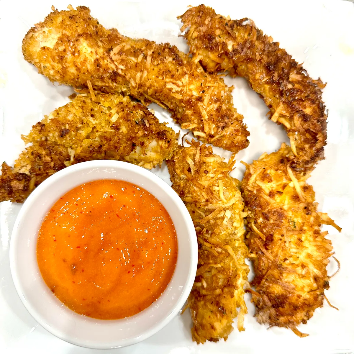 Coconut-Panko Chicken Tenders and Mango-Chili Dipping Sauce