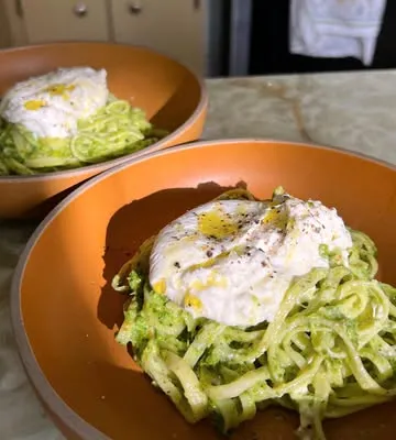 Recipe 'Homemade Pasta with Garlic Scape Pesto & Burrata'