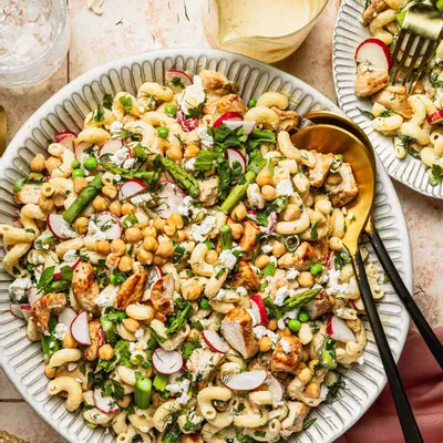 Recipe 'Spring Veggie &amp; Chicken Pasta Salad with Lemon-Tahini Dressing'