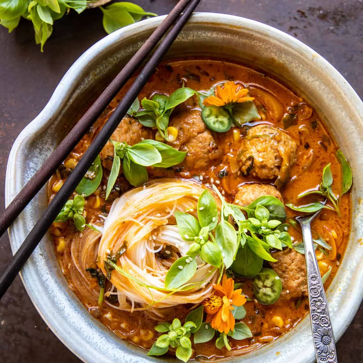 Coconut Chicken Meatball Curry with Rice Noodles