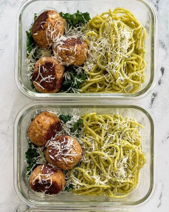 Turkey Meatballs With Sauteed Kale And Pesto Pasta