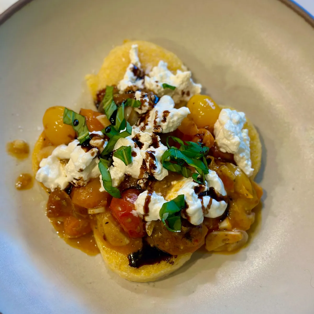 Crispy Polenta Cakes with Burst Tomatoes and Burrata