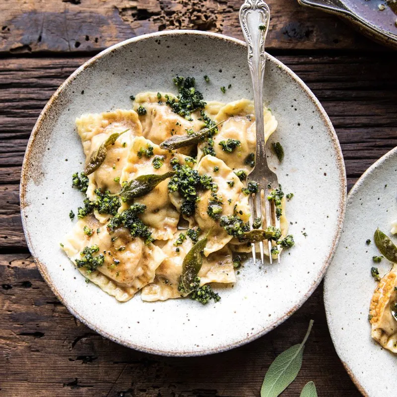 Butternut Squash Cheese Ravioli with Browned Butter Sage Pesto