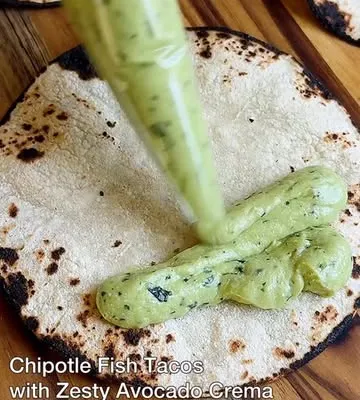 Recipe 'CHIPOTLE FISH TACOS WITH ZESTY AVOCADO CREMA!'