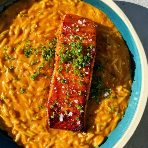 Roasted Salmon with Curried Orzo