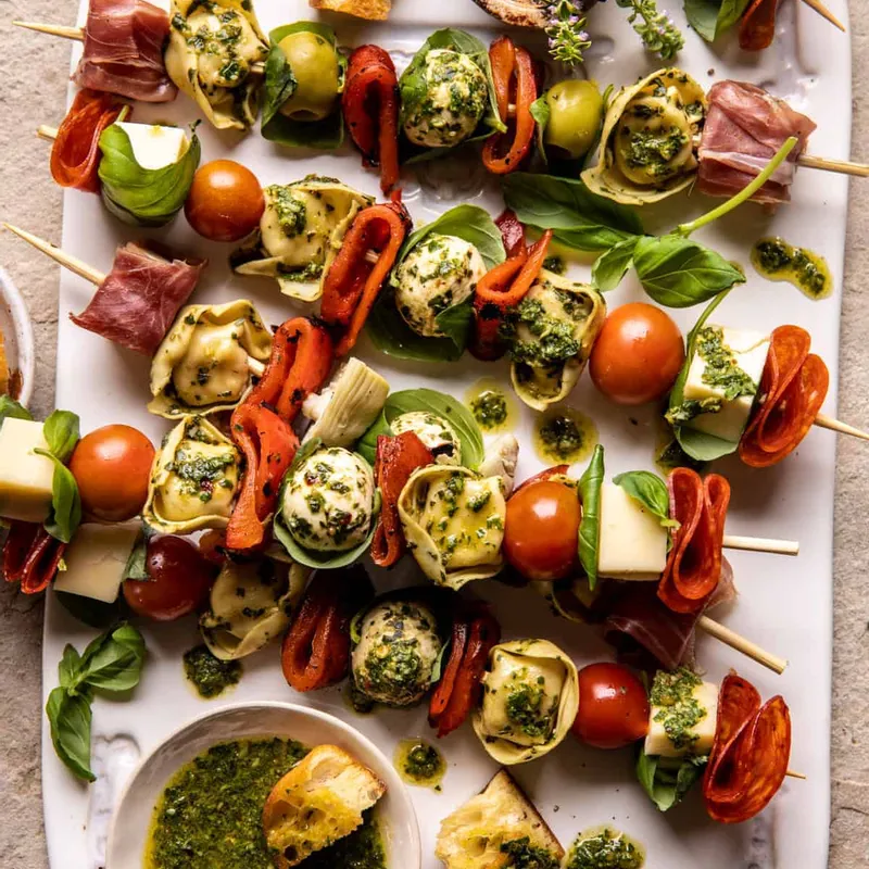 Antipasto Tortellini Skewers with Lemon Basil Vinaigrette