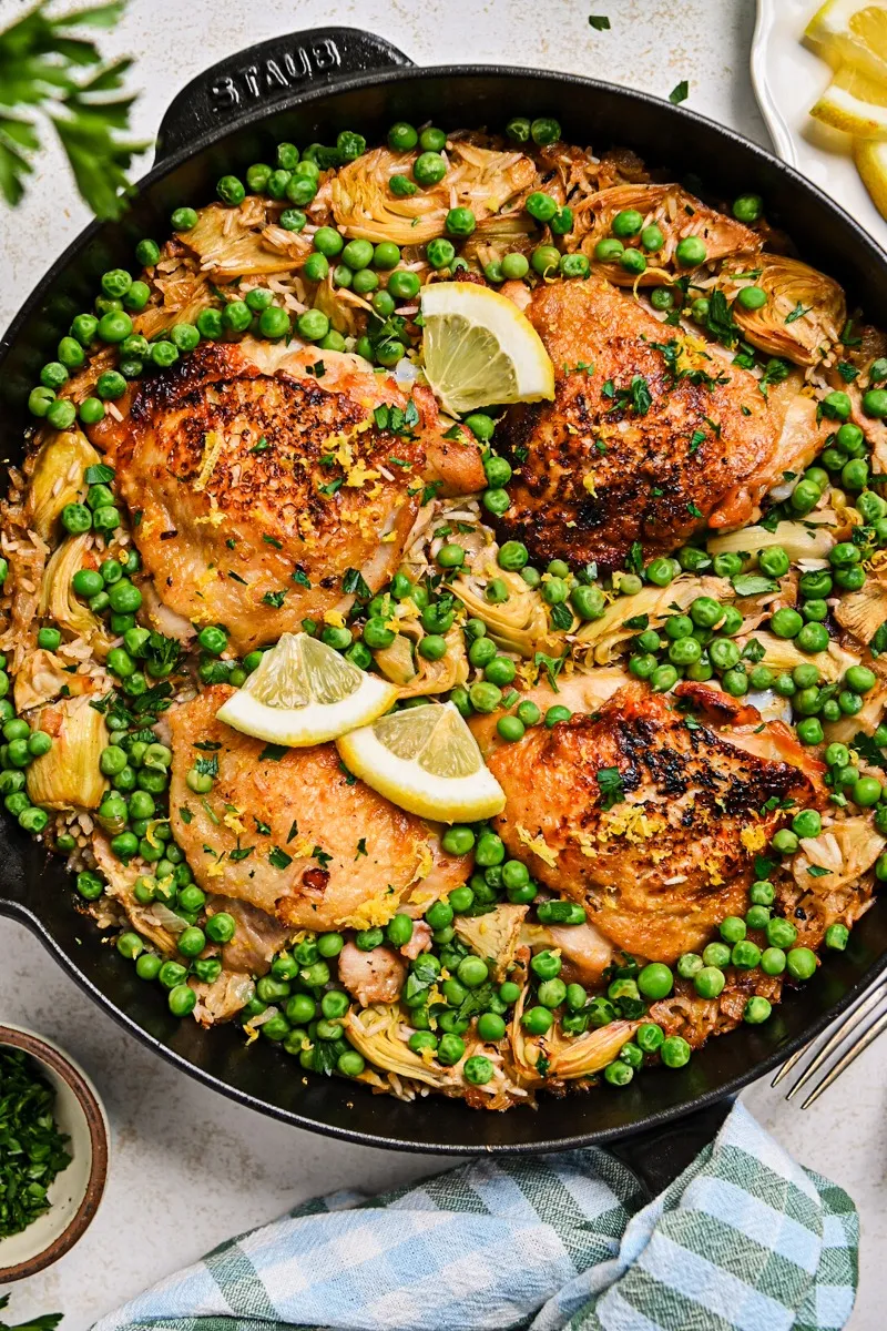 One Pan Lemon Chicken and Rice with Artichokes and Peas