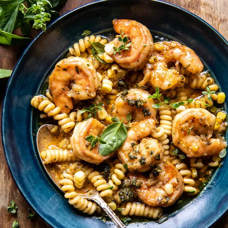 Spicy Lemon Butter Shrimp Scampi with Herbed Corn