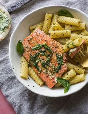 Recipe 'Simple Pan Seared Salmon with Basil Butter Pasta'