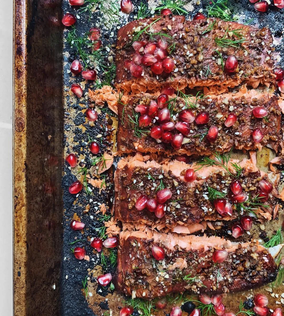 Sweet N Sticky Pomegranate and Walnut Crusted Baked Wild Salmon