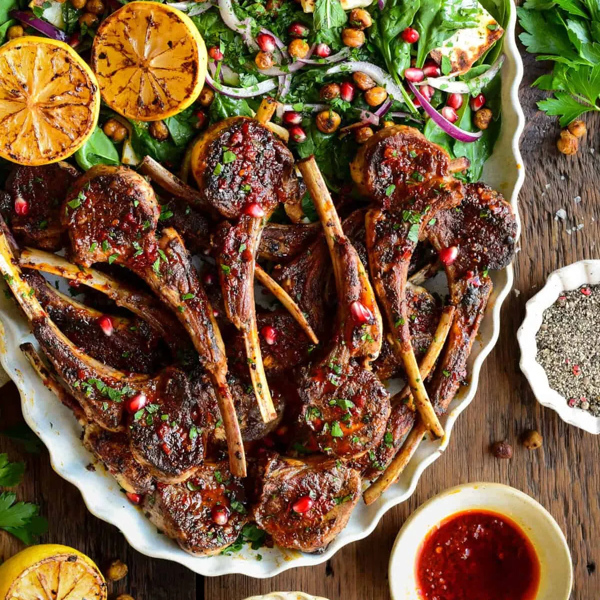 Harissa Lamb Chops with Crispy Chickpea &amp; Halloumi Salad
