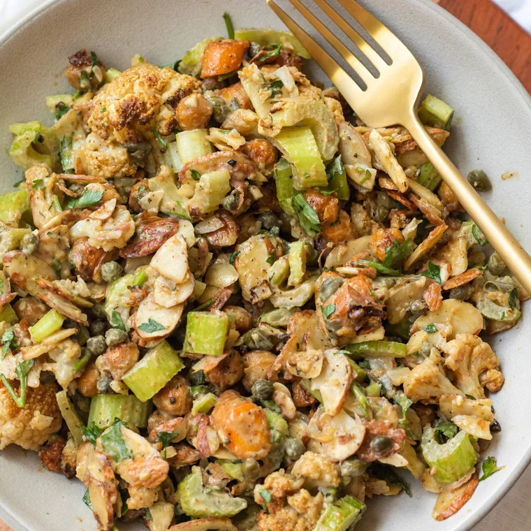 Roasted cauliflower crunch salad with Lemon Tahini Dressing (vegan)