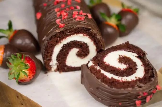 Chocolate Strawberry Swiss Roll Cake