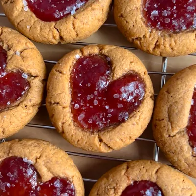 Recipe 'Gluten-Free Peanut Butter & Jam Heart Thumbprint Cookies'