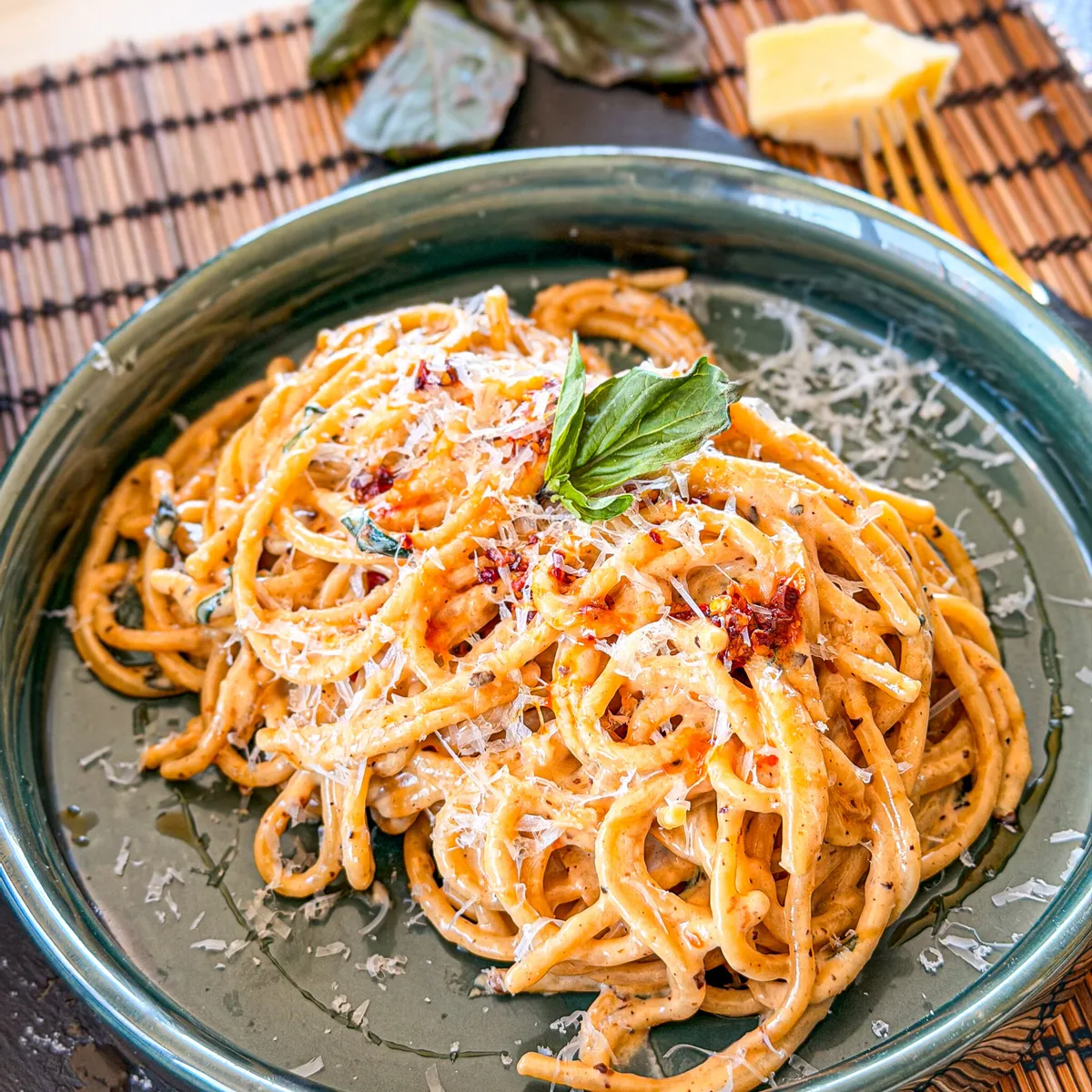 Spicy Creamy Chili Oil Pasta with Thai Basil