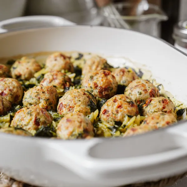 Sundried Tomato Chicken Meatballs and Orzo