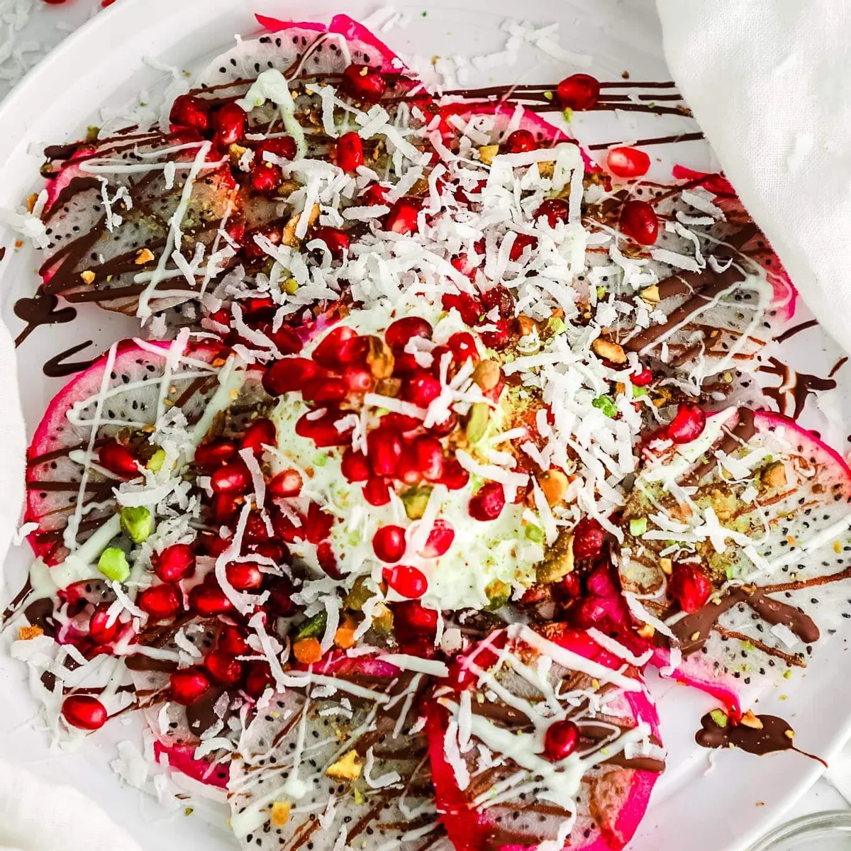 Dragon Fruit Nachos with Chocolate Drizzle