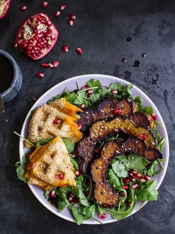 Miso Roasted Acorn Squash + Pomegranate Salad w/Waffled Cheddar Apple + Tahini Grilled Cheese Triangles.