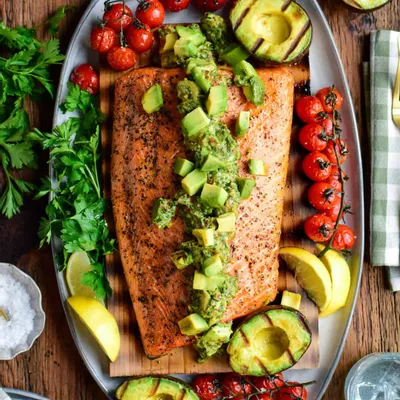Recipe 'Cedar Planked Salmon with Grilled Avocado Chimichurri'
