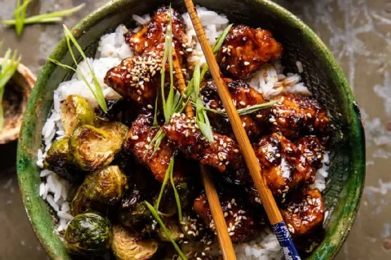 Sheet Pan Sticky Ginger Sesame Chicken and Crispy Brussels Sprouts