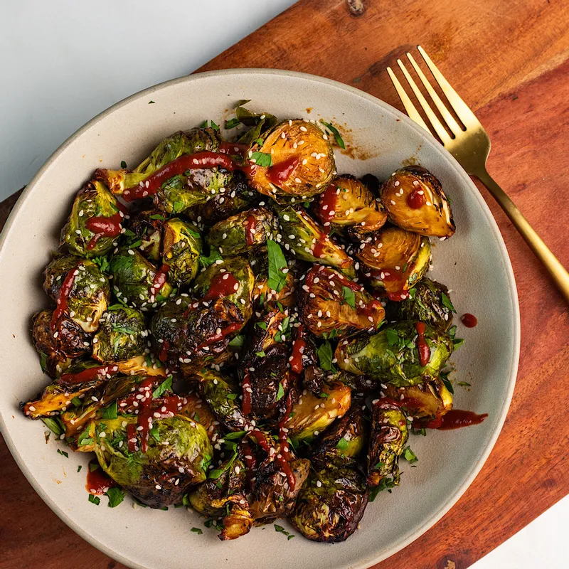 crispy air fried maple sriracha brussels sprouts