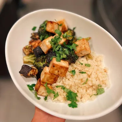 Recipe 'Miso-Glazed Eggplant and Broccoli, Cauliflower Rice and Pan-Fried Tofu'