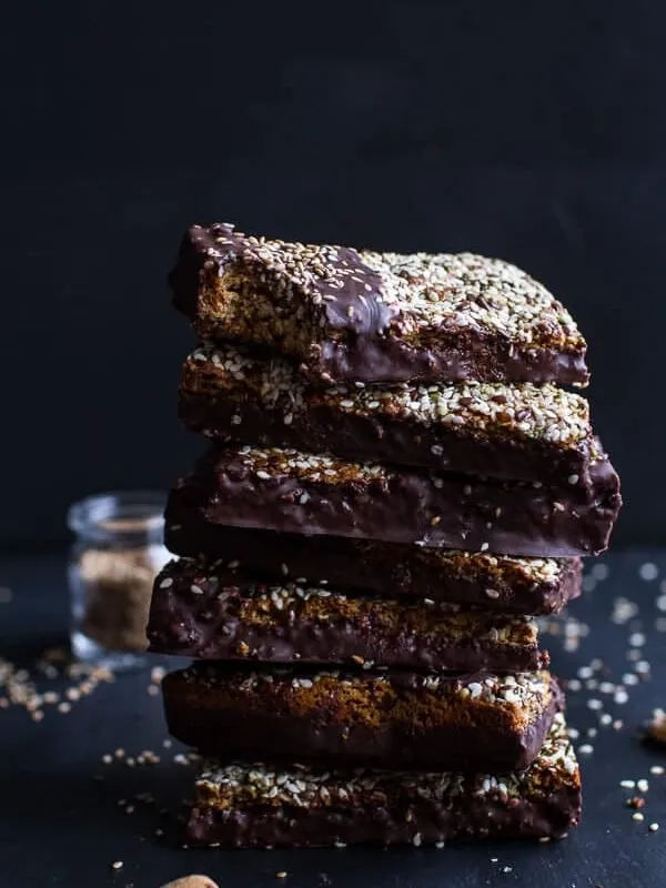Dark Chocolate Dipped Crunchy Coconut Cashew Sesame Bars.