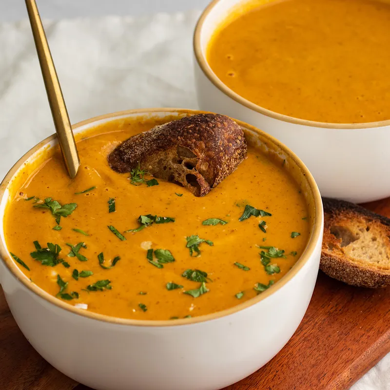 Vegan Creamy Roasted Red Pepper Sweet Potato Soup with Almond Butter