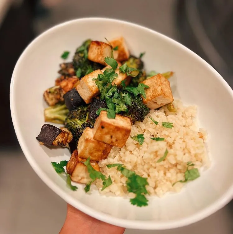 Miso-Glazed Eggplant and Broccoli, Cauliflower Rice and Pan-Fried Tofu