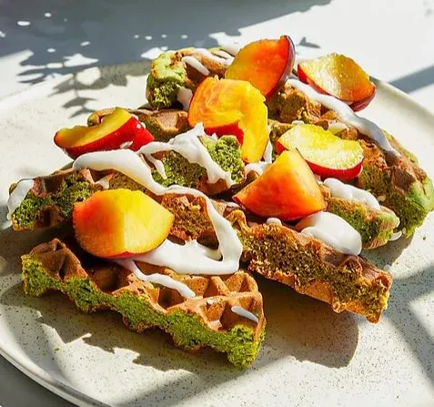 Matcha Peach Protein Waffles