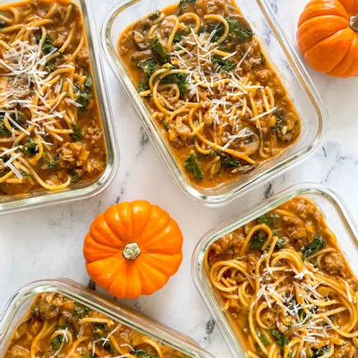 Recipe 'Pumpkin Sage Pasta With Ground Turkey, Mushrooms &amp; Kale'