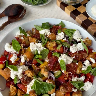 Recipe 'Cherry & Peach Panzanella Salad with Crispy Prosciutto & Burrata'
