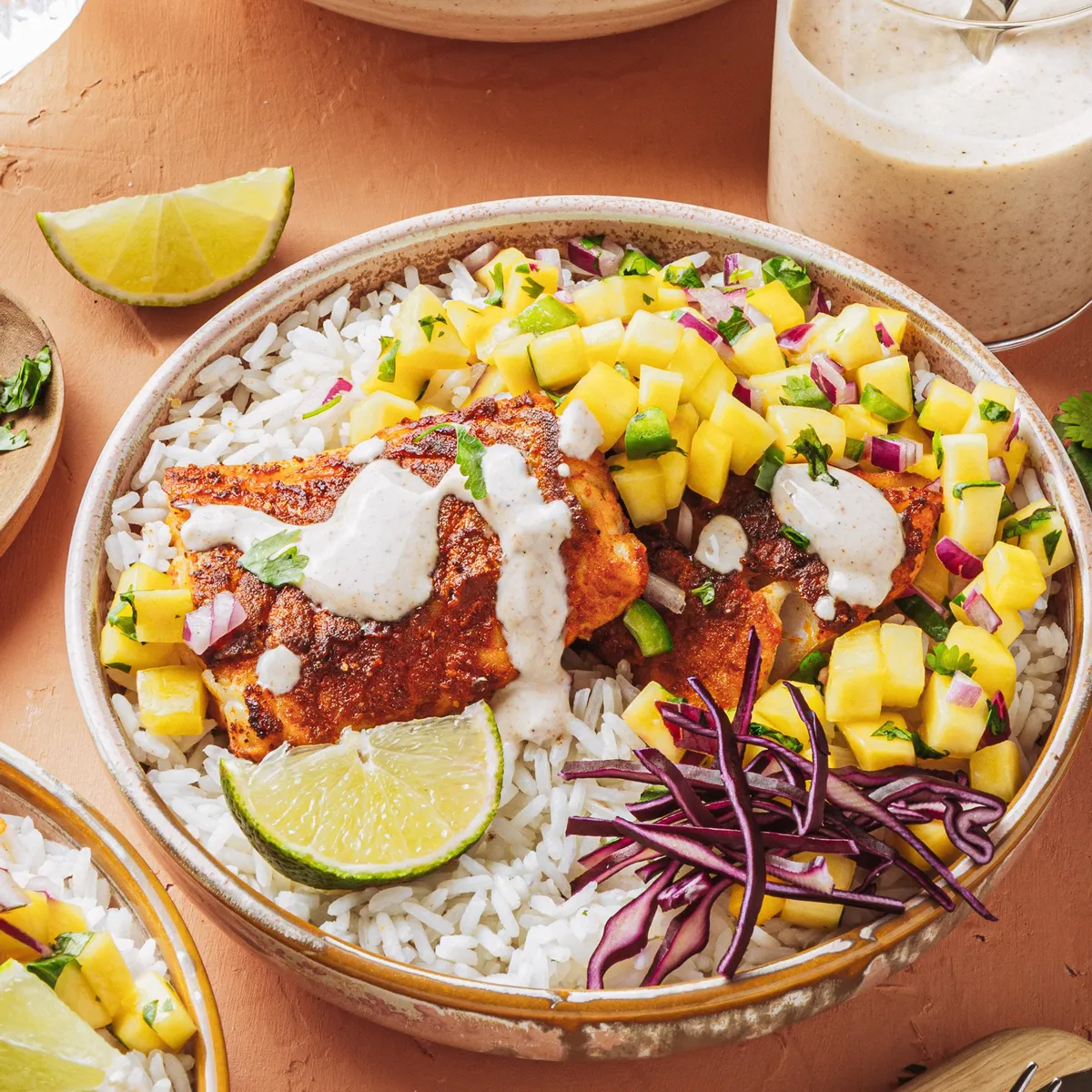 Fish Taco Bowls with Mango Salsa &amp; Chipotle Lime Sauce