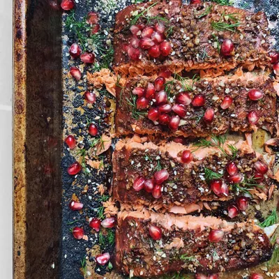 Recipe 'Sweet N Sticky Pomegranate and Walnut Crusted Baked Wild Salmon'