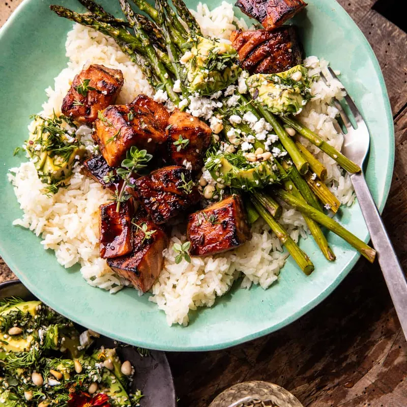Baked Lemon Balsamic Salmon Bowls.