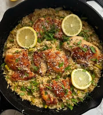Recipe 'ONE-PAN HERBED LEMON + PARMESAN CHICKEN AND RICE'