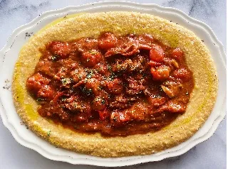 Gochujang Beef Stew with Roasted Tomatoes and Creamy Coconut Polenta