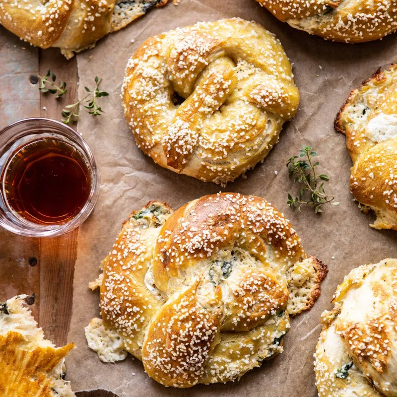 Spinach and Artichoke Stuffed Soft Pretzels.