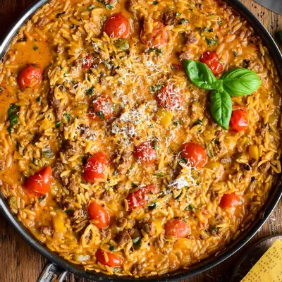 Recipe 'Creamy Sausage, Pepper &amp; Tomato Orzo Skillet'